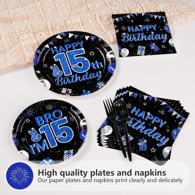 Grencian 96Pcs 15th Birthday Party Decorations for Boys Blue and Black 15th Birthday Plates Disposable Official Teen 15 Tableware for Teen Boys Im 15 Bro 15 Years Old Party Supplies Serves 24 - Image 3
